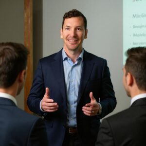 Neil Colvin in business casual talking to two men about AI in digital marketing